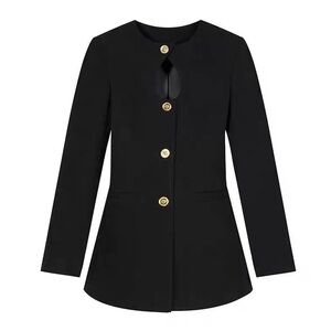 New Black Collarless Button-Up Blazer Dress